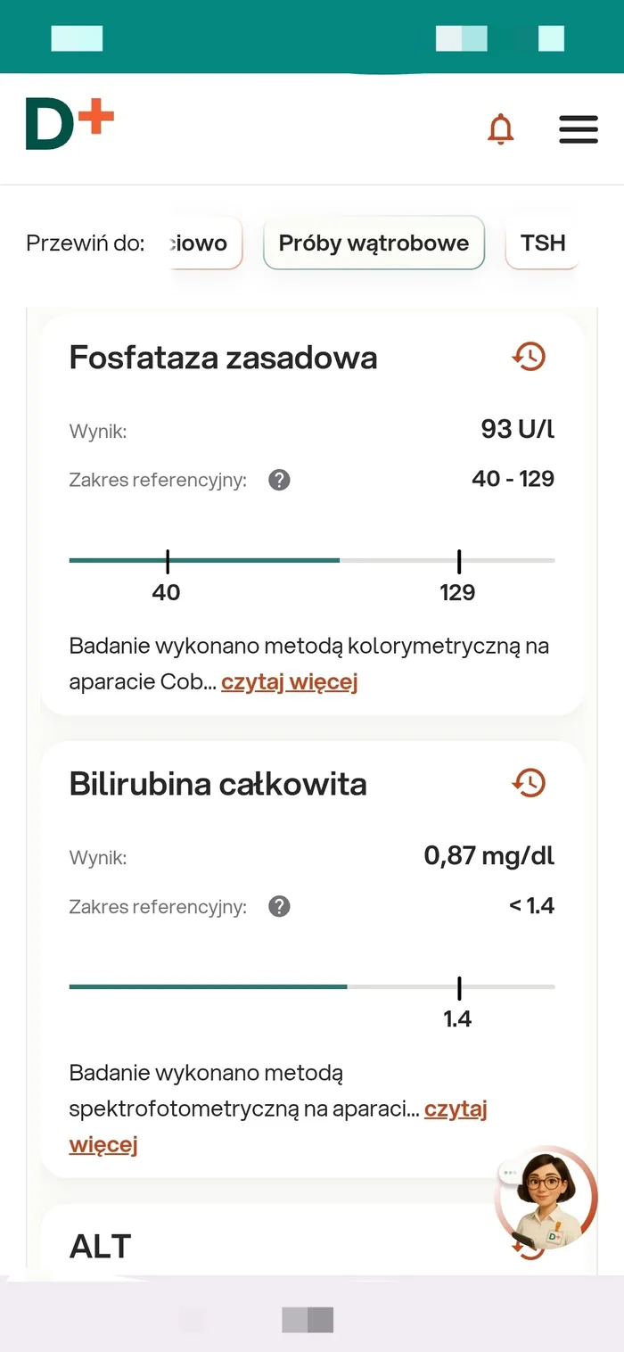 Wynik bilirubiny całkowitej po konsultacji — 0,87 mg/dl, w normie