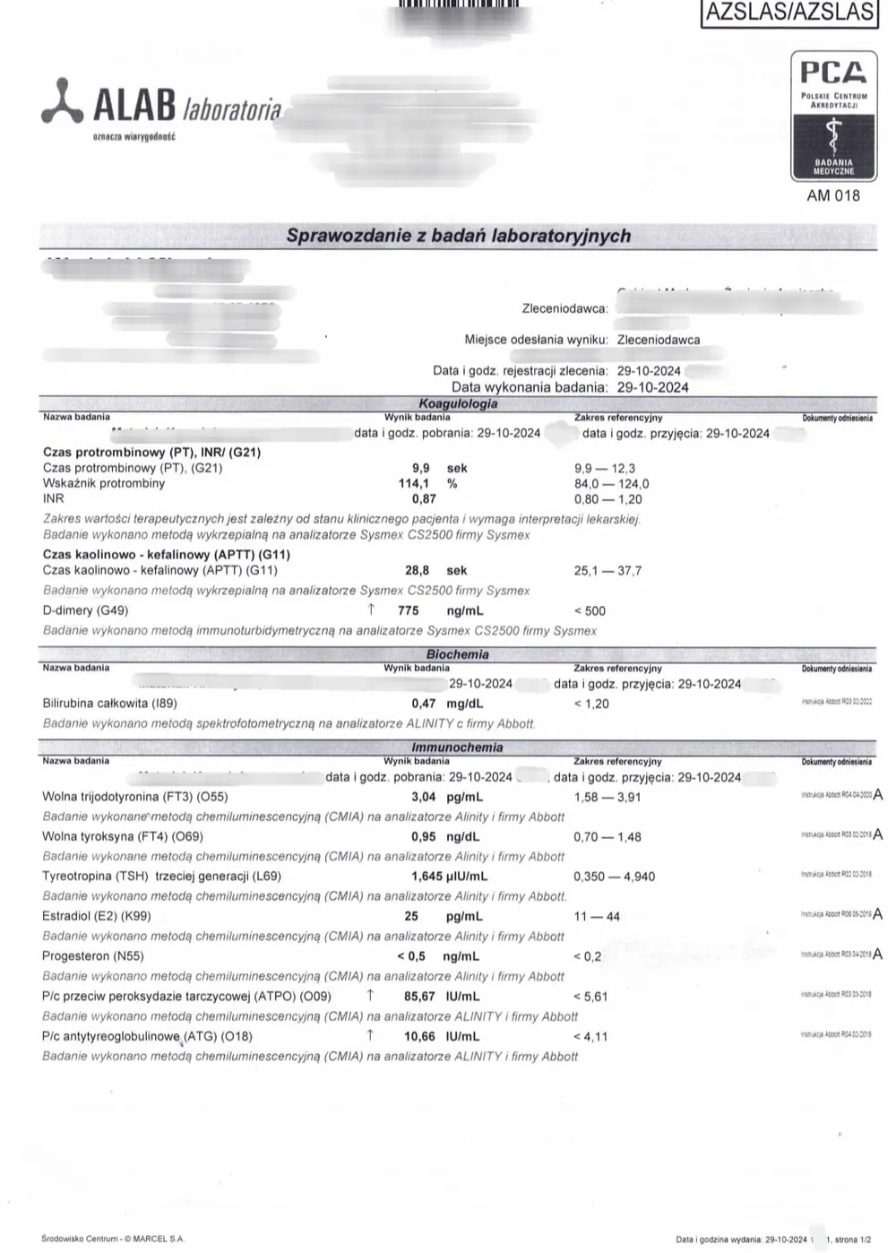 D-dimery przed konsultacją — powyżej normy (775 ng/mL)