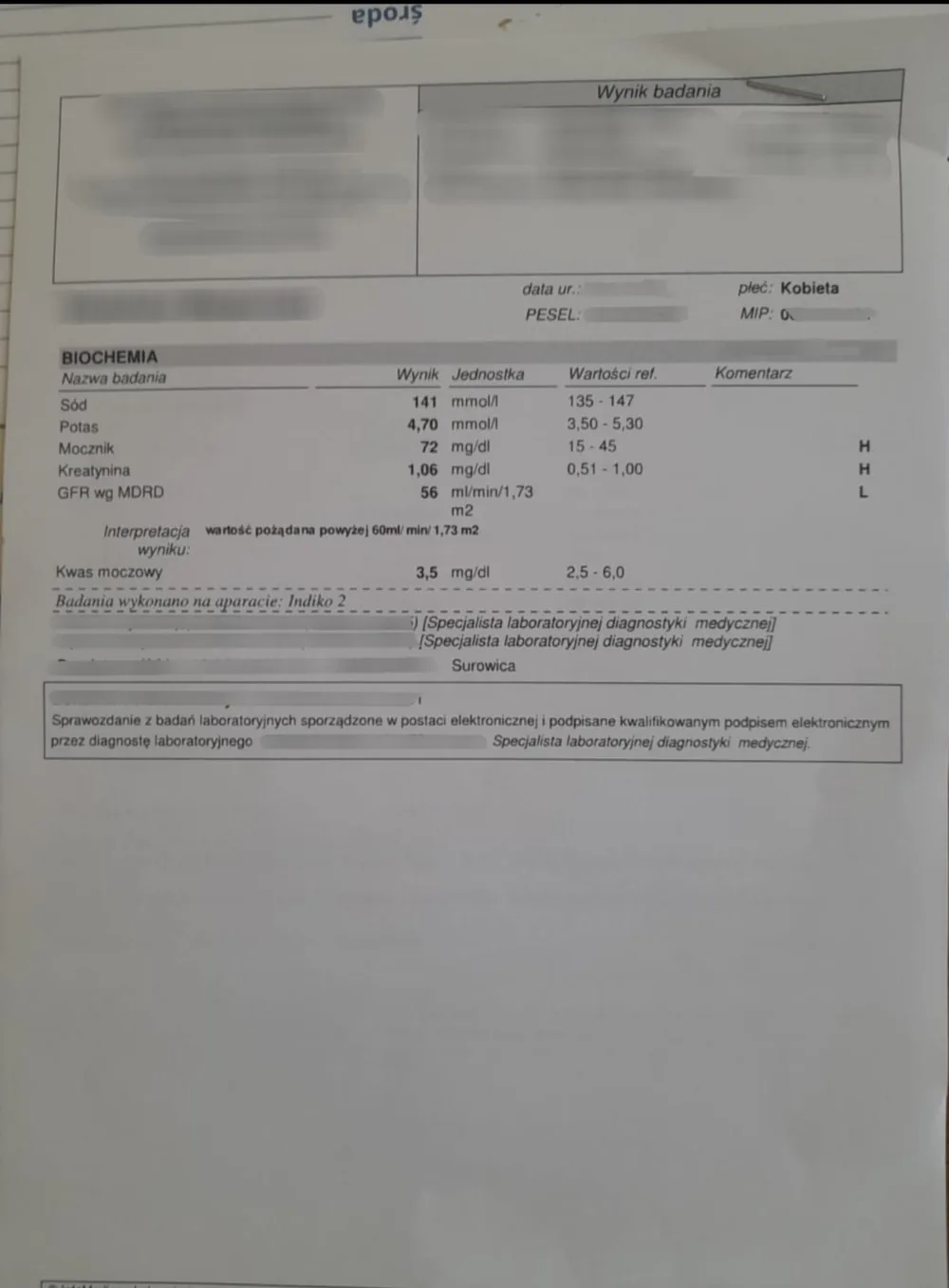 Wynik kreatyniny i GFR po konsultacji — kreatynina 1,06 mg/dl, GFR 56 ml/min/1,73m2