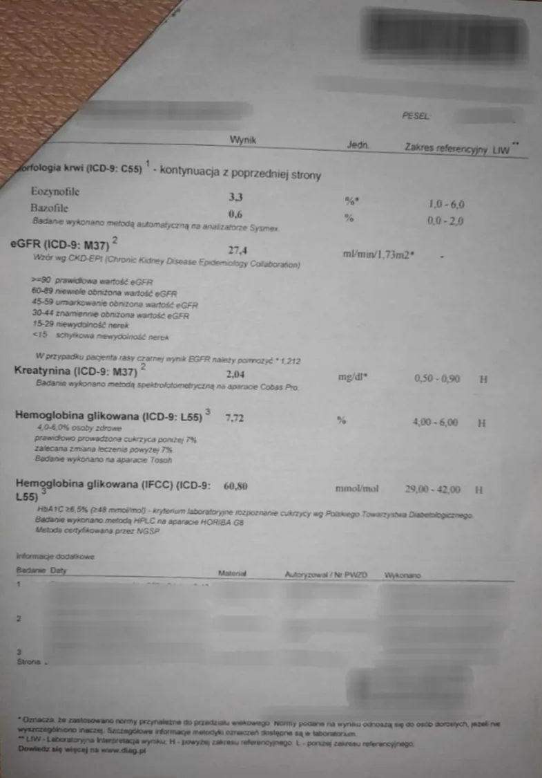Wynik kreatyniny i eGFR przed konsultacją — kreatynina 2,04 mg/dl, eGFR 27,4 ml/min/1,73m2
